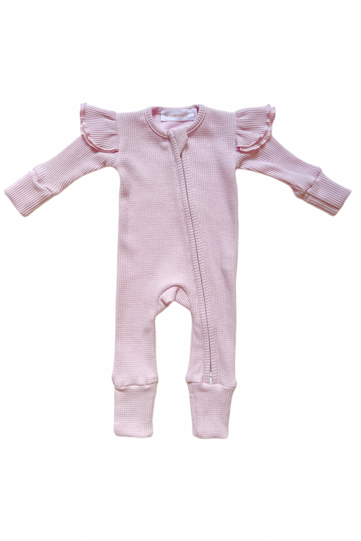 Frilly Sleeve Zip Onesie - Baby Lilac Waffle