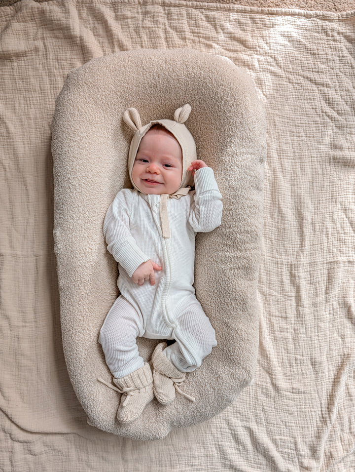 Knitted Teddy Bear Bonnet - Oat