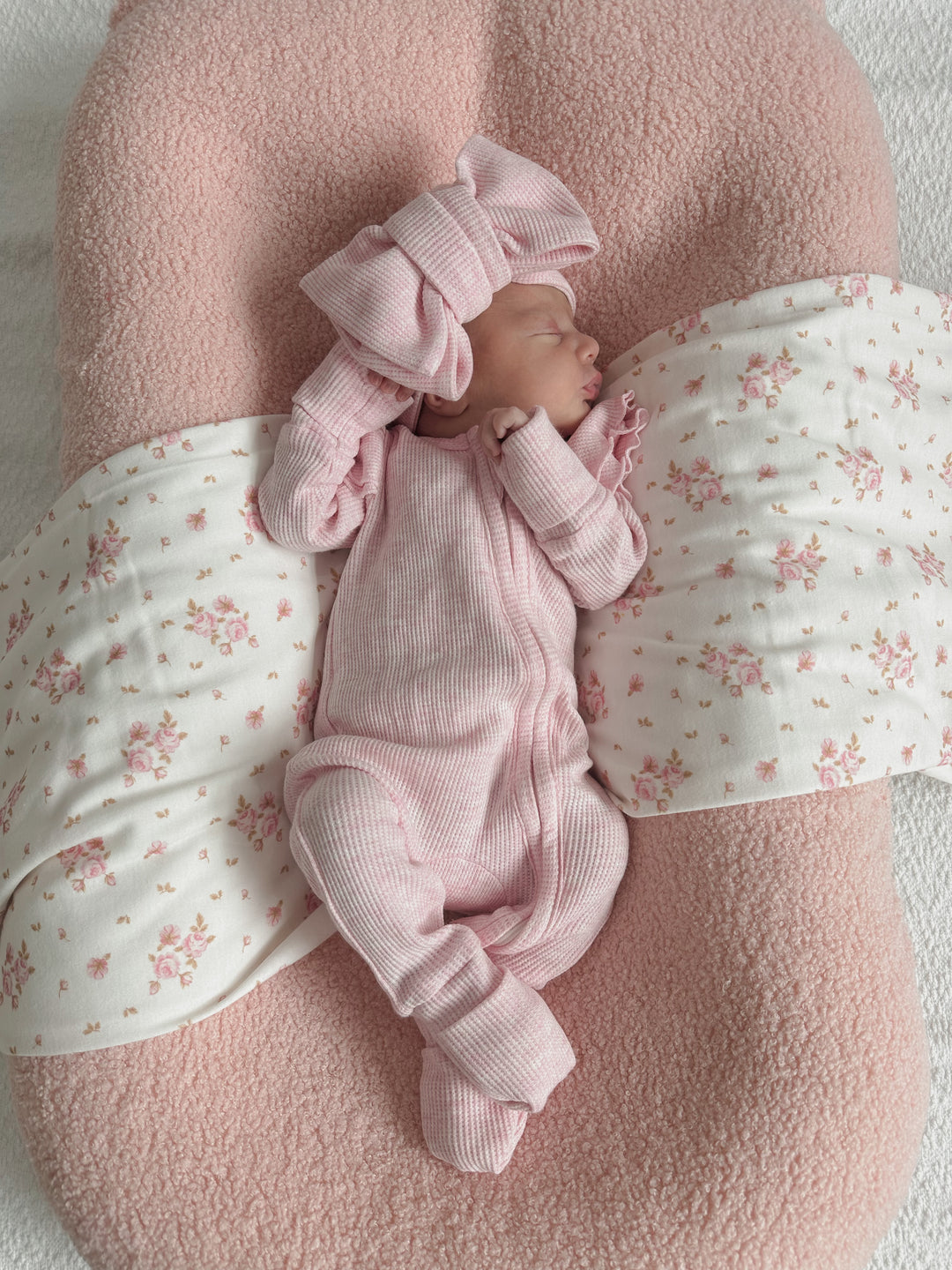 Frilly Sleeve Zip Onesie - Baby Pink Marle Waffle