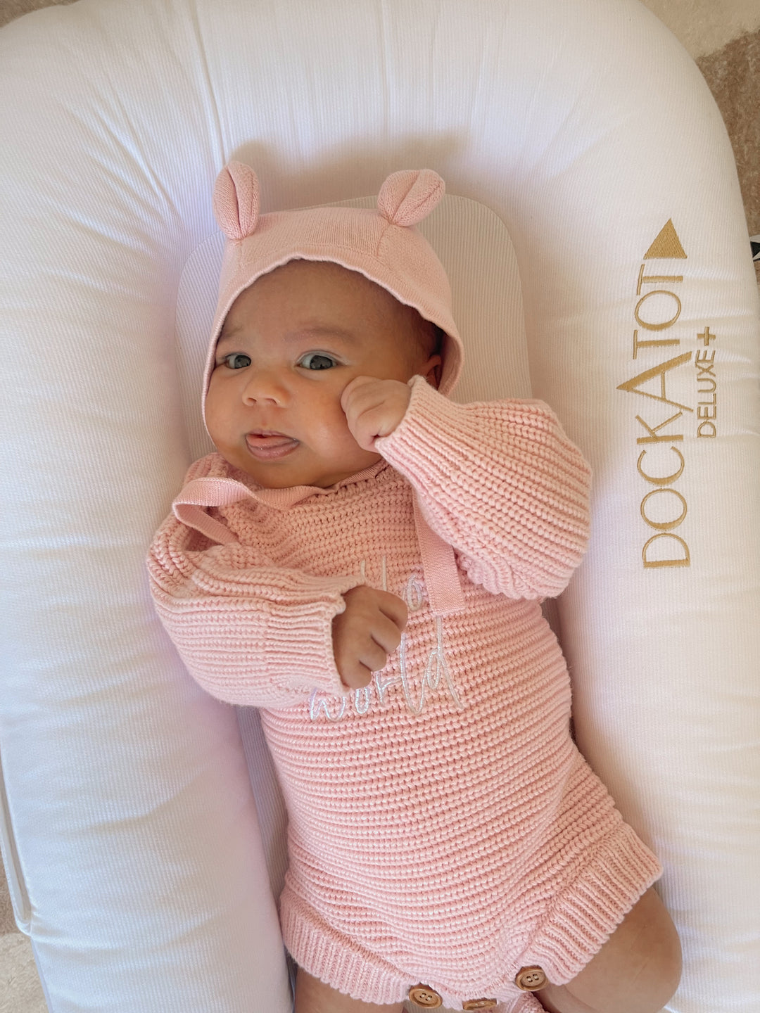 Knitted Teddy Bear Bonnet - Baby Pink