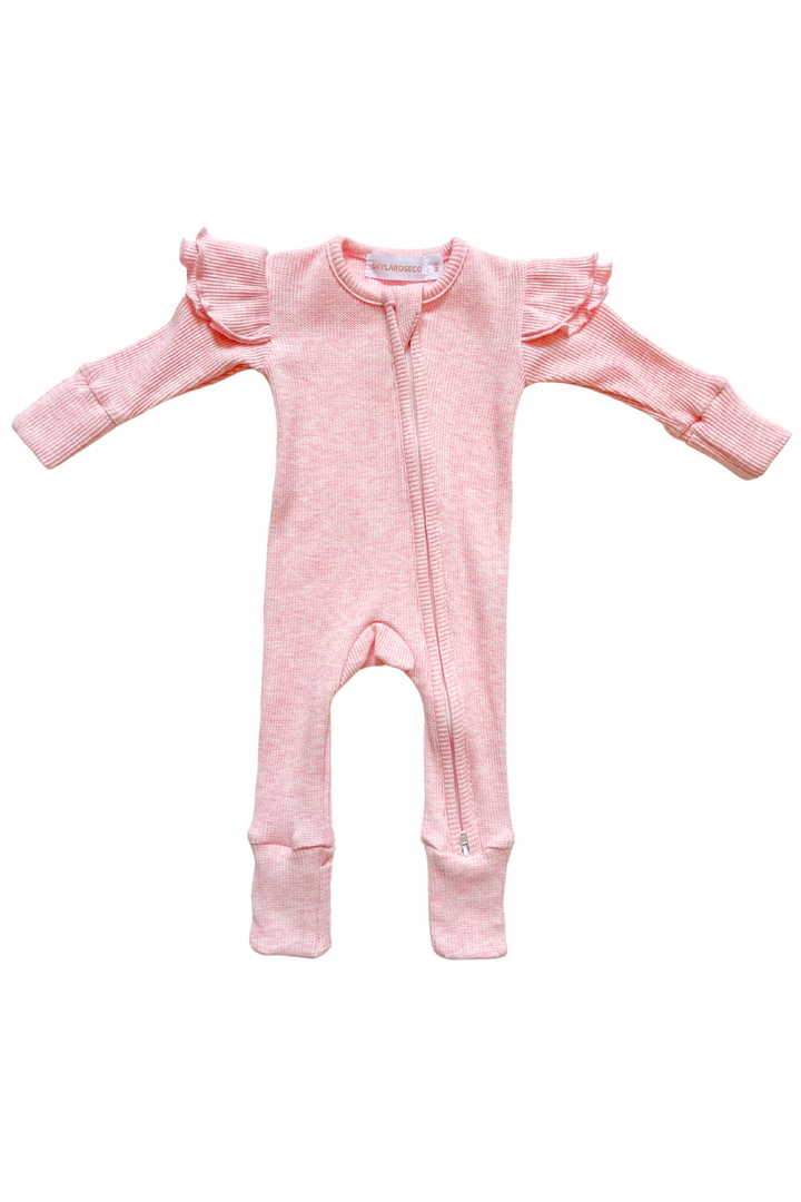 Frilly Sleeve Zip Onesie - Baby Pink Marle Waffle